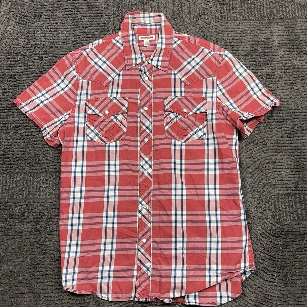 True Religion Brand Jeans Plaid Western Snap Shirt Men's M Short Sleeve Red Blue